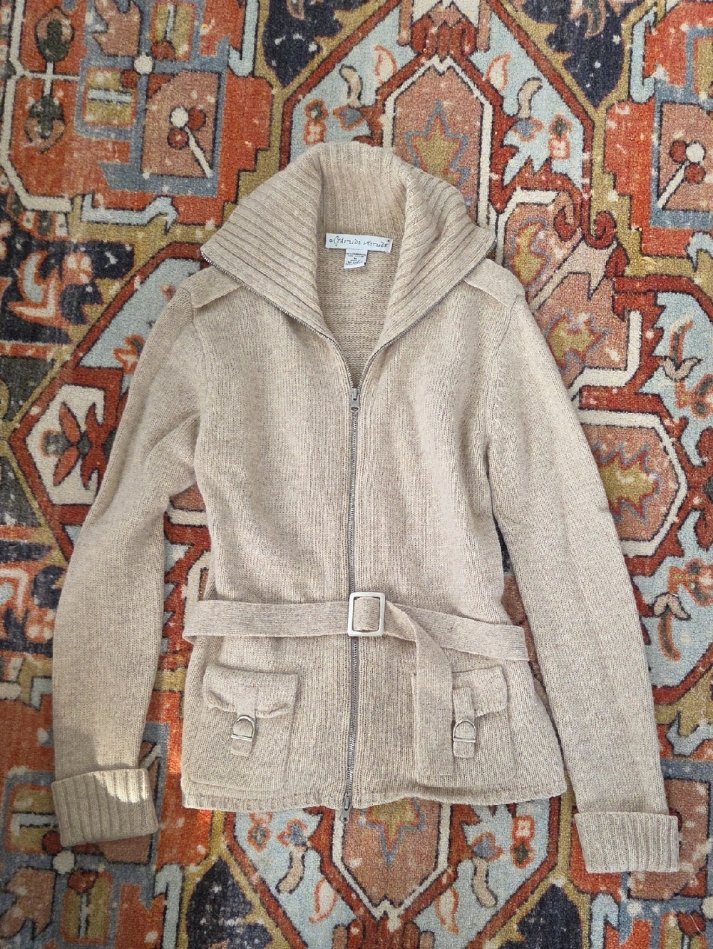 Cream Zip-Belt Cardigan Sweater